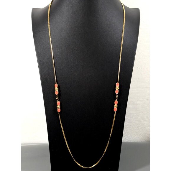 Monet Jewelry - Vintage Monet Orange Enamel Oval Station Herringbone Chain Long Necklace 36 in